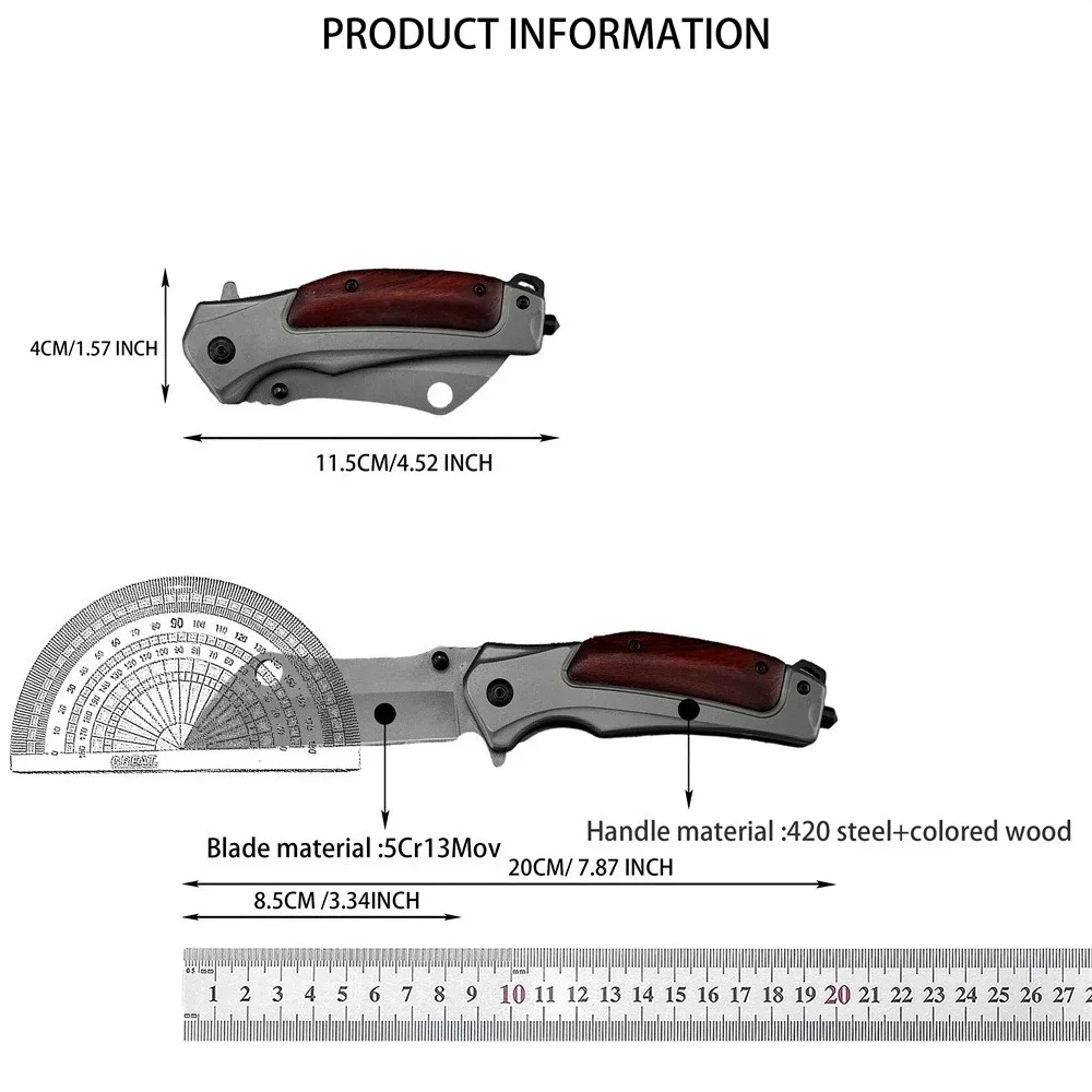 Cuchillo plegable EDC con mango de madera y clip de bolsillo