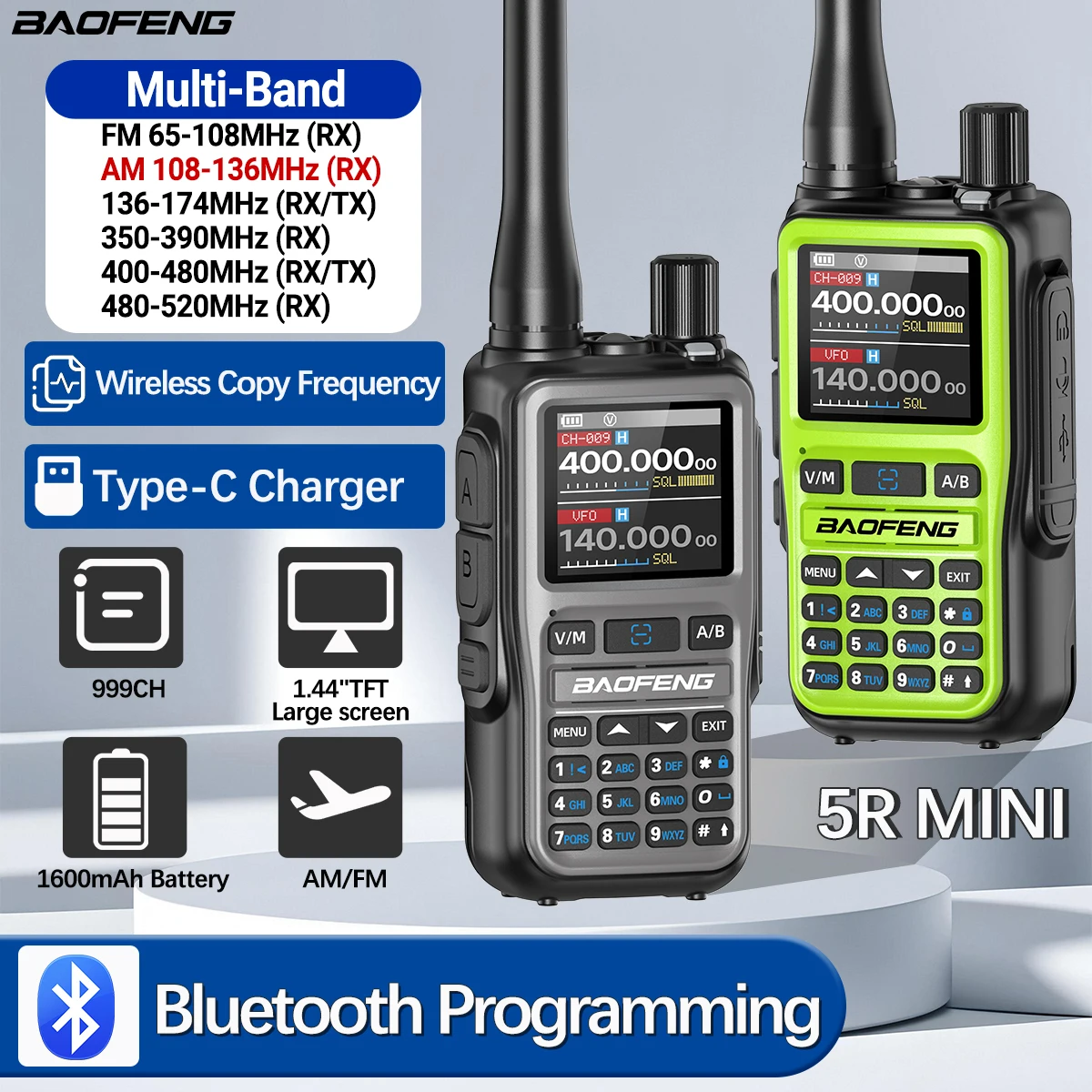 Baofeng UV-5R Walkie Talkie Multibanda Bluetooth Programable Linterna