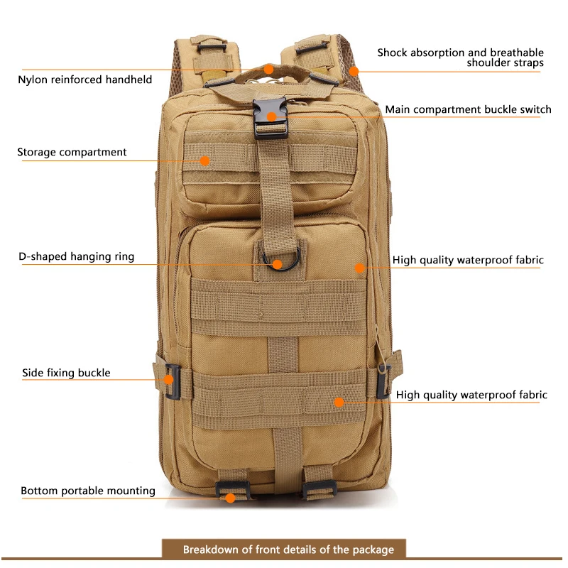 Mochila táctica de nailon MOLLE camuflaje para caza, pesca y trekking - imagen 4