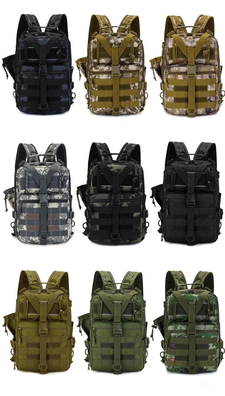 Mochila colocada en el suelo junto a accesorios de pesca