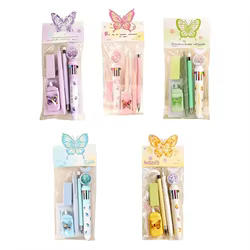 Set de papelería de mariposas con bolígrafo multicolor y borrador