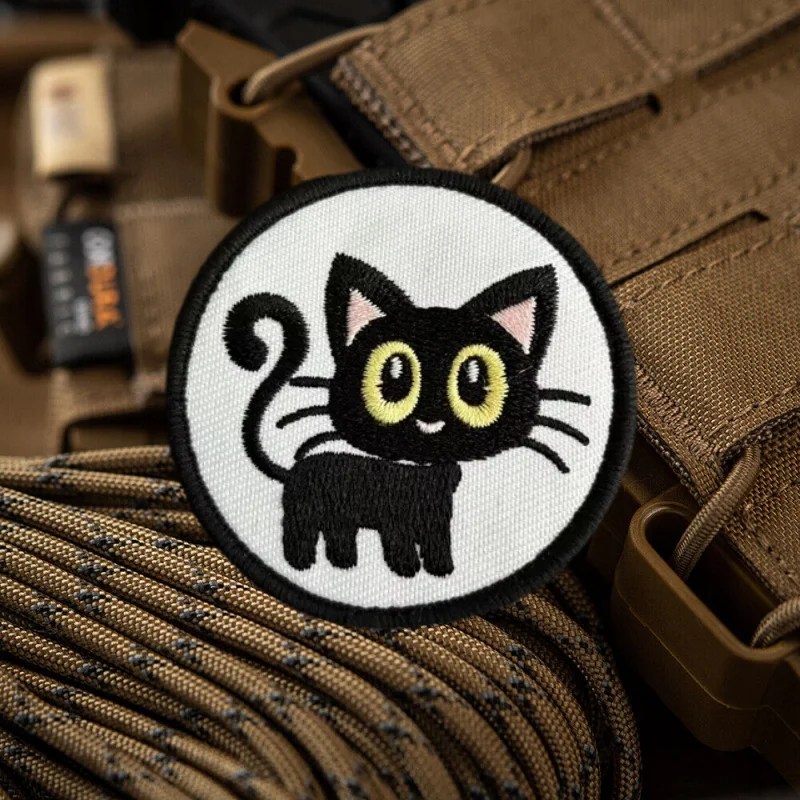 Parche bordado de gato negro táctico con cierre de gancho y bucle