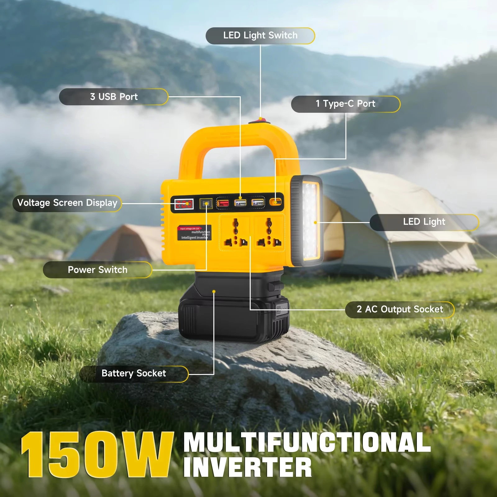 Inversor DeWalt de 150 W para batería de 20 V, salida 220 V y USB-C - imagen 2