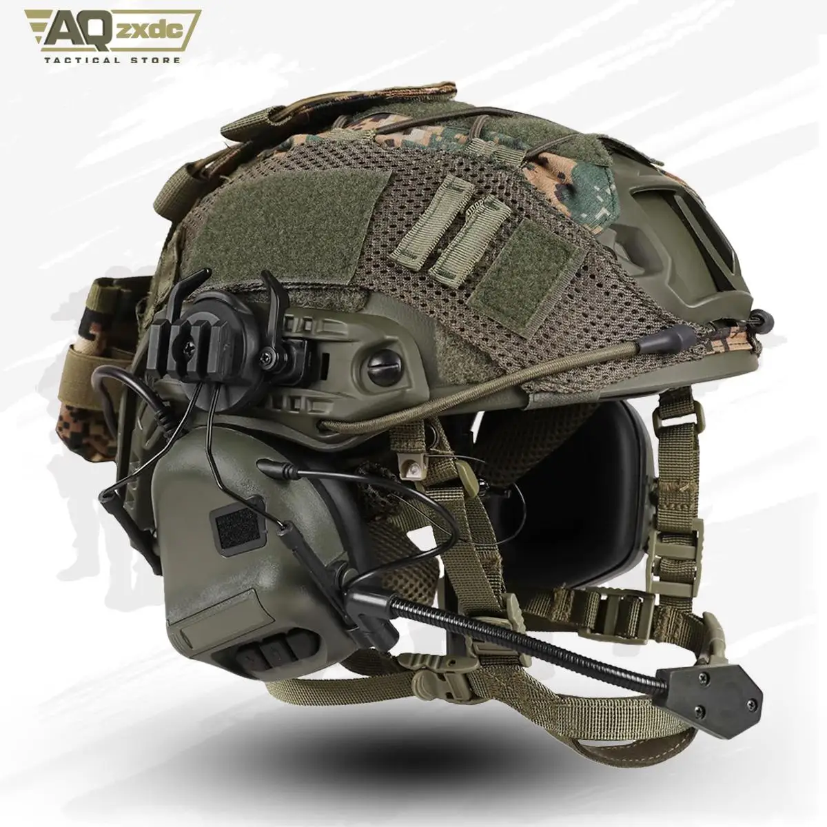 Casco táctico ajustable con auriculares y funda Airsoft