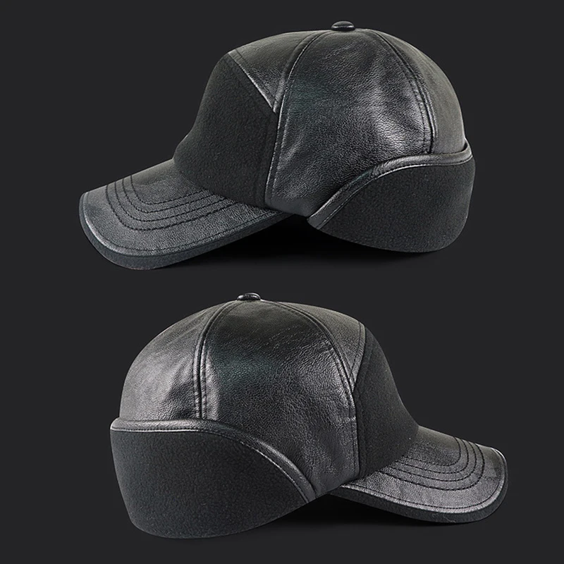 Gorro de bombardero de cuero PU con orejeras y forro polar - imagen 3