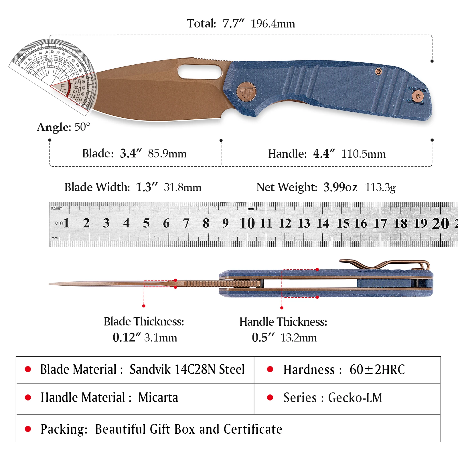 Cuchillo plegable TRIVISA Gecko de micarta EDC para camping y pesca - imagen 4