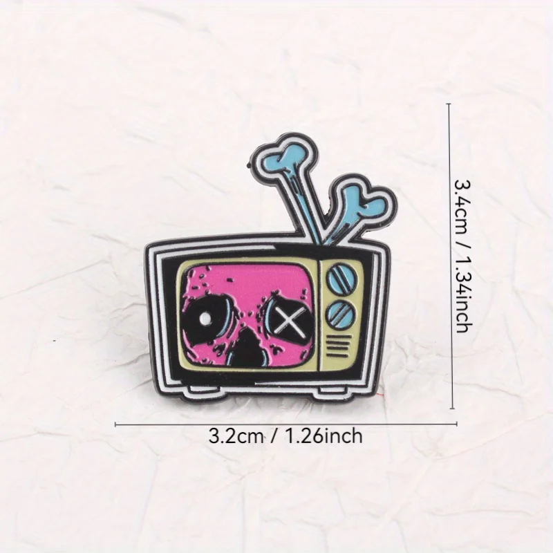 Pin retro terror TV: calavera rayos de cátodo neón, joya oscura - imagen 4
