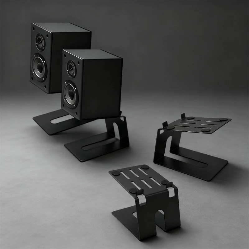 Soporte de altavoz metálico negro, base gruesa y diseño robusto