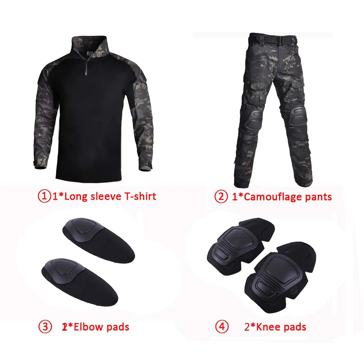 Conjunto táctico exterior camuflaje negro ripstop manga larga cargo - imagen 2