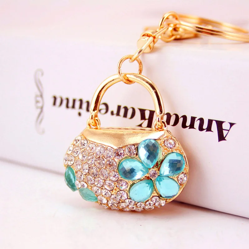 Llavero bolso flor cristal azul metal dorado strass - imagen 4