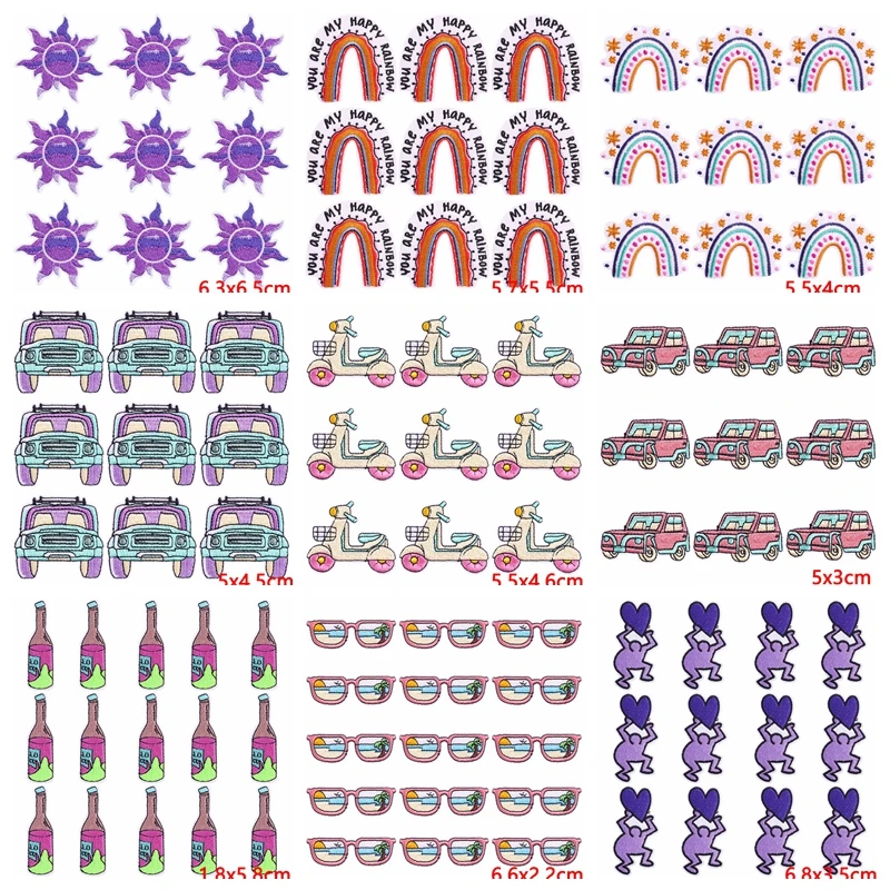Parches bordados con coche y arcoíris morado
