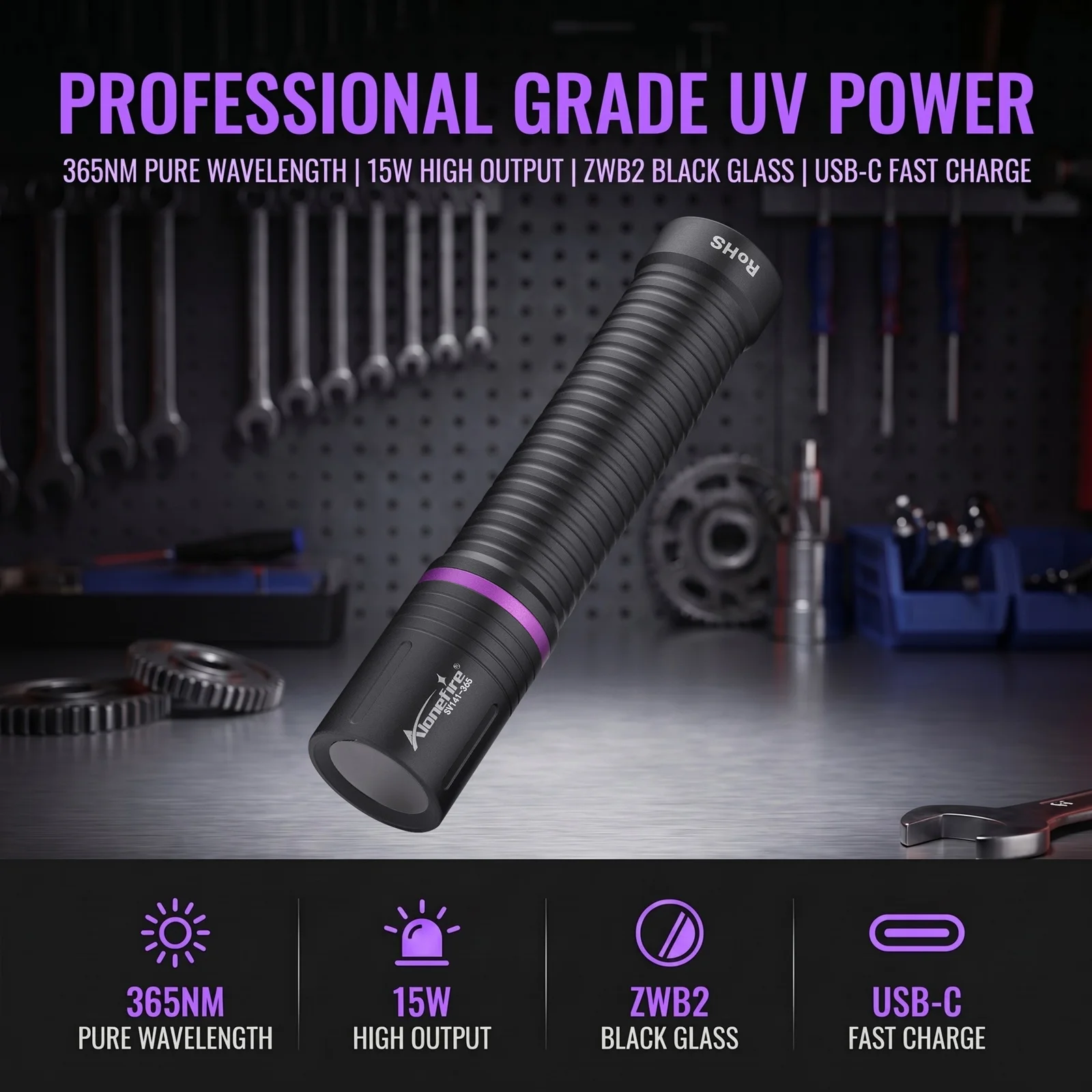 Linterna UV Alonefire recargable USB de luz negra para manchas - imagen 3