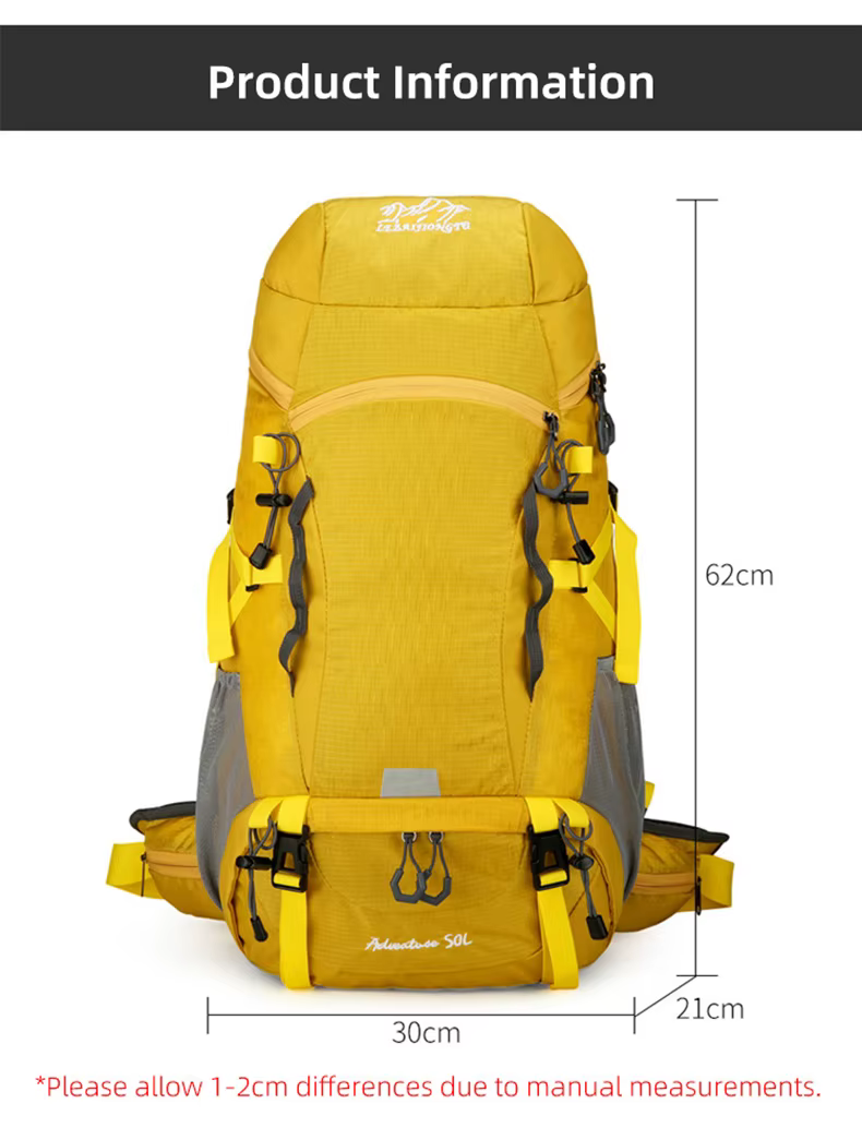 Mochila impermeable de 50L vista frontal con cubierta para lluvia
