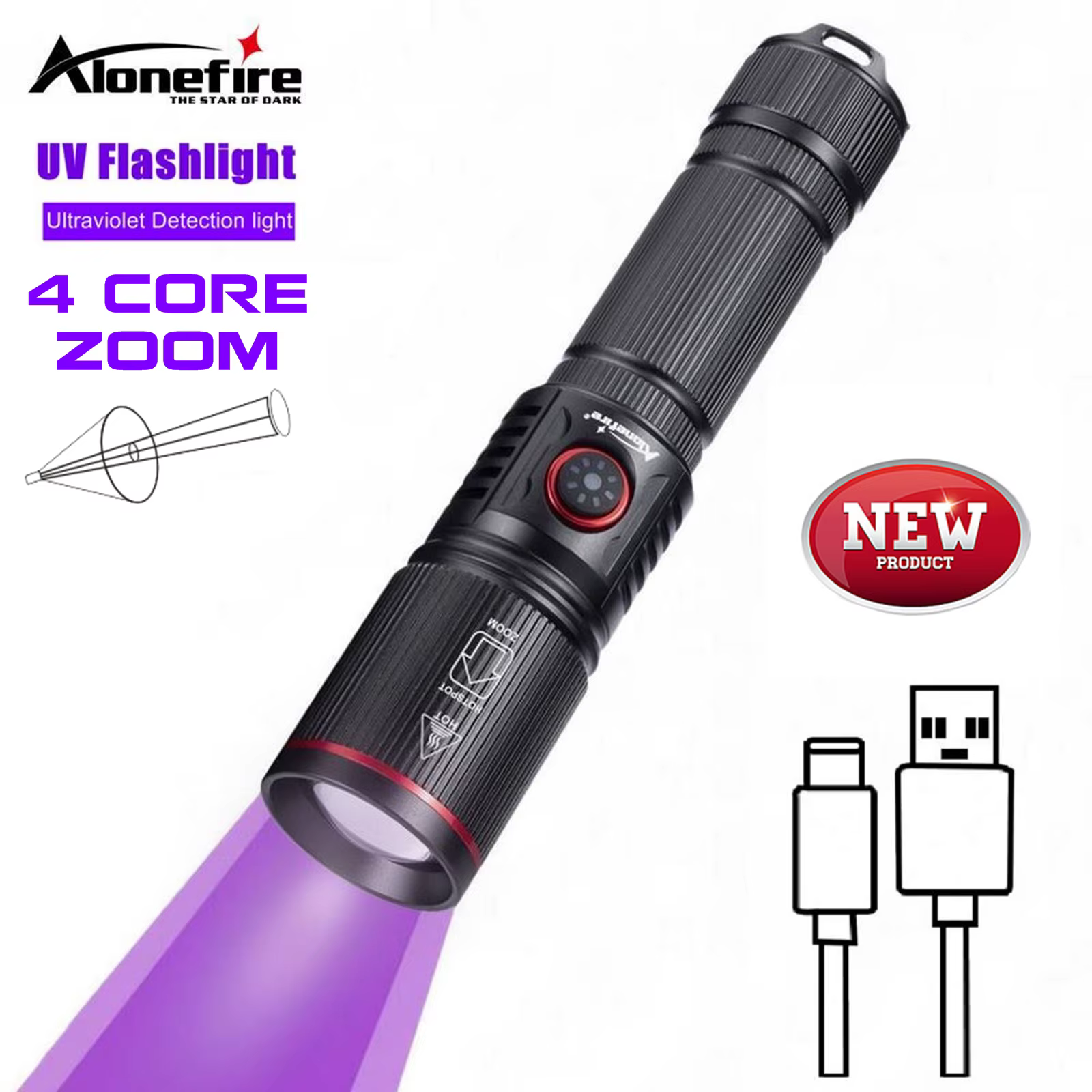 Linterna LED UV zoom profesional para detección de fluidos y minerales