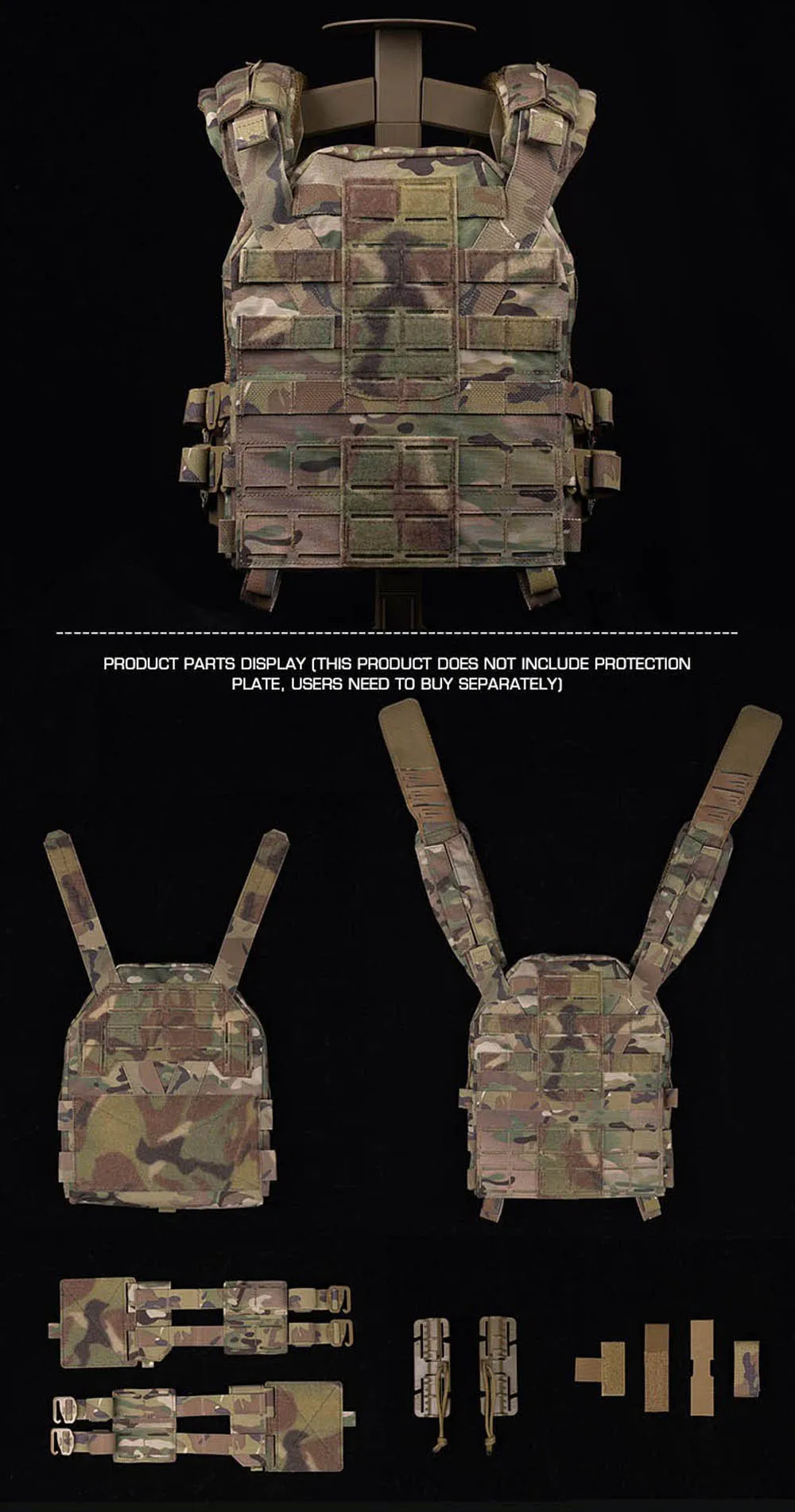 Chaleco táctico KZ en configuración Multicam para actividades al aire libre