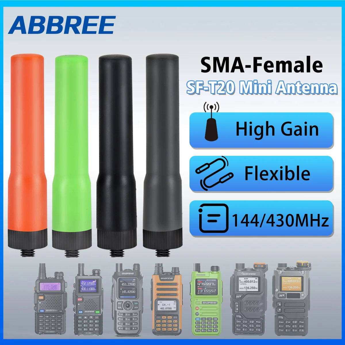 ABBREE SF-20 antena de alta ganancia SMA hembra para walkie talkie