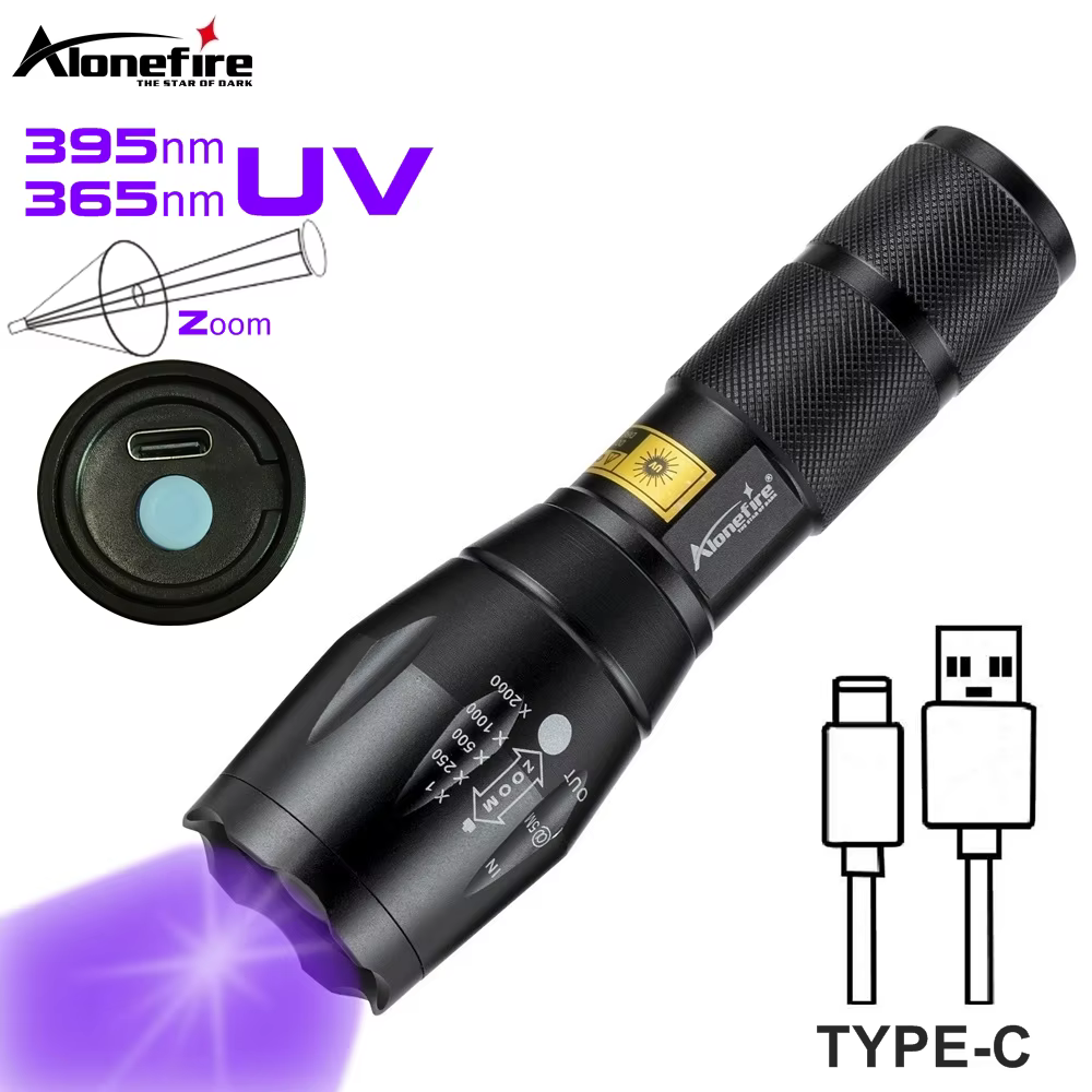 Linterna UV táctica recargable USB con zoom ajustable luz violeta - imagen 4