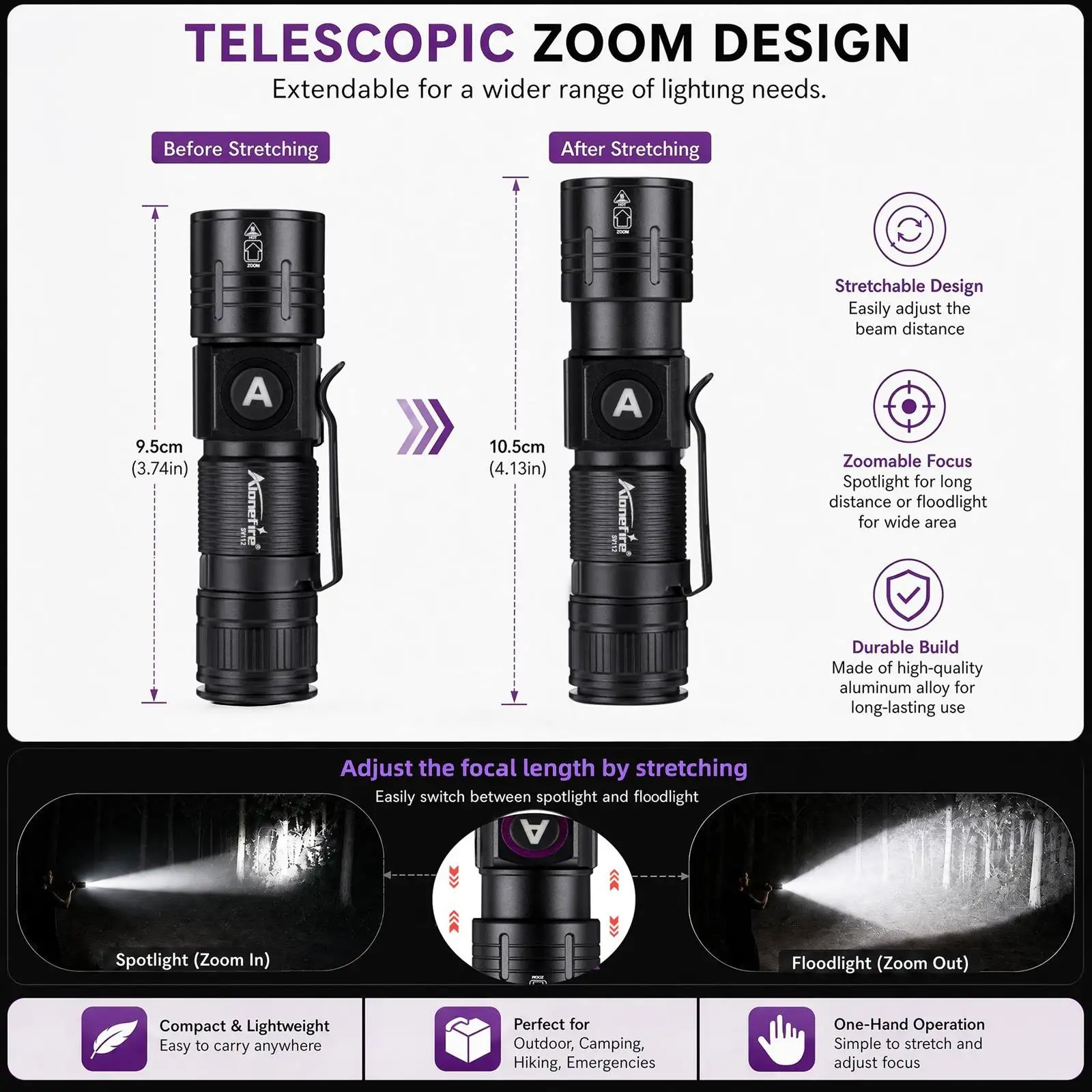 Alonefire Linterna táctica LED con zoom recargable USB para exteriores