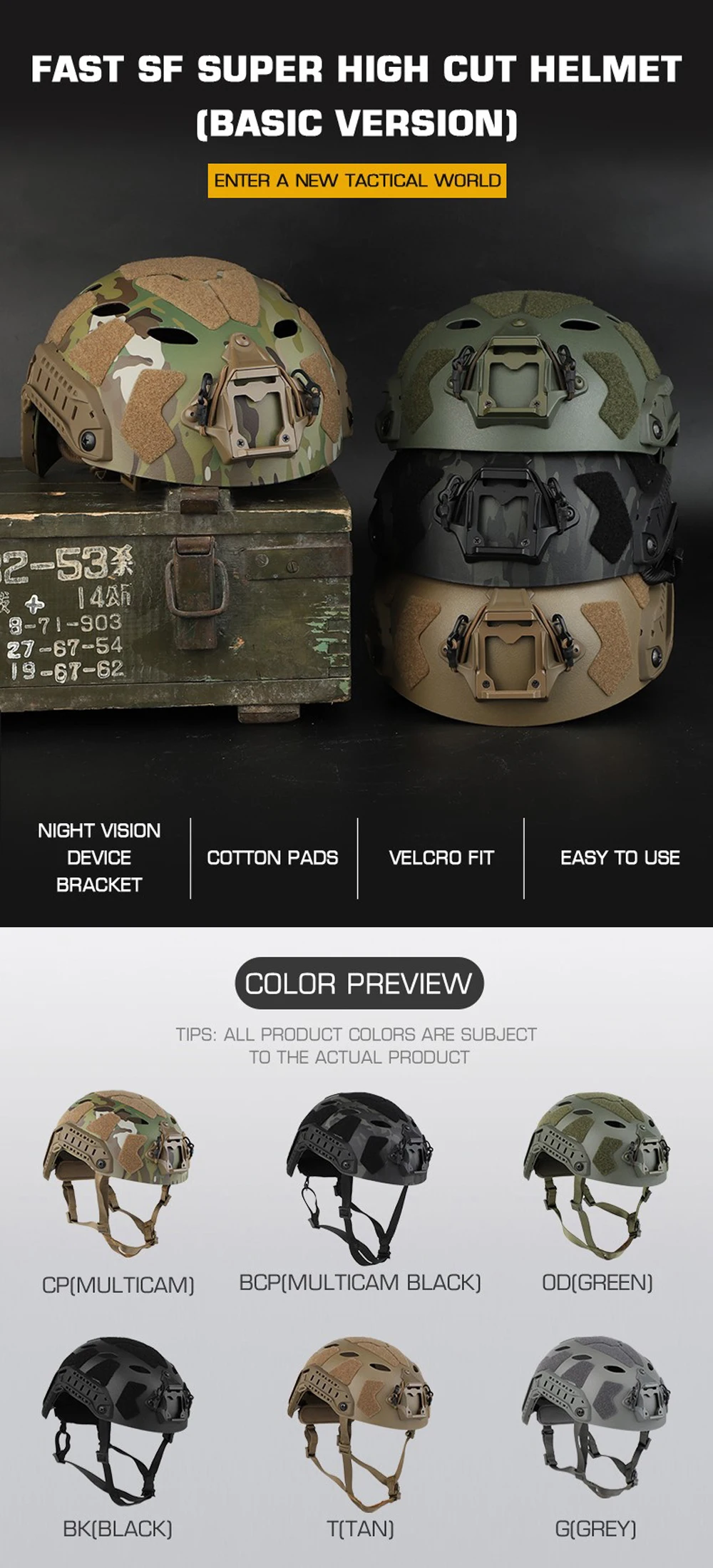 Casco táctico Fast SF en color negro mostrando diseño de corte alto