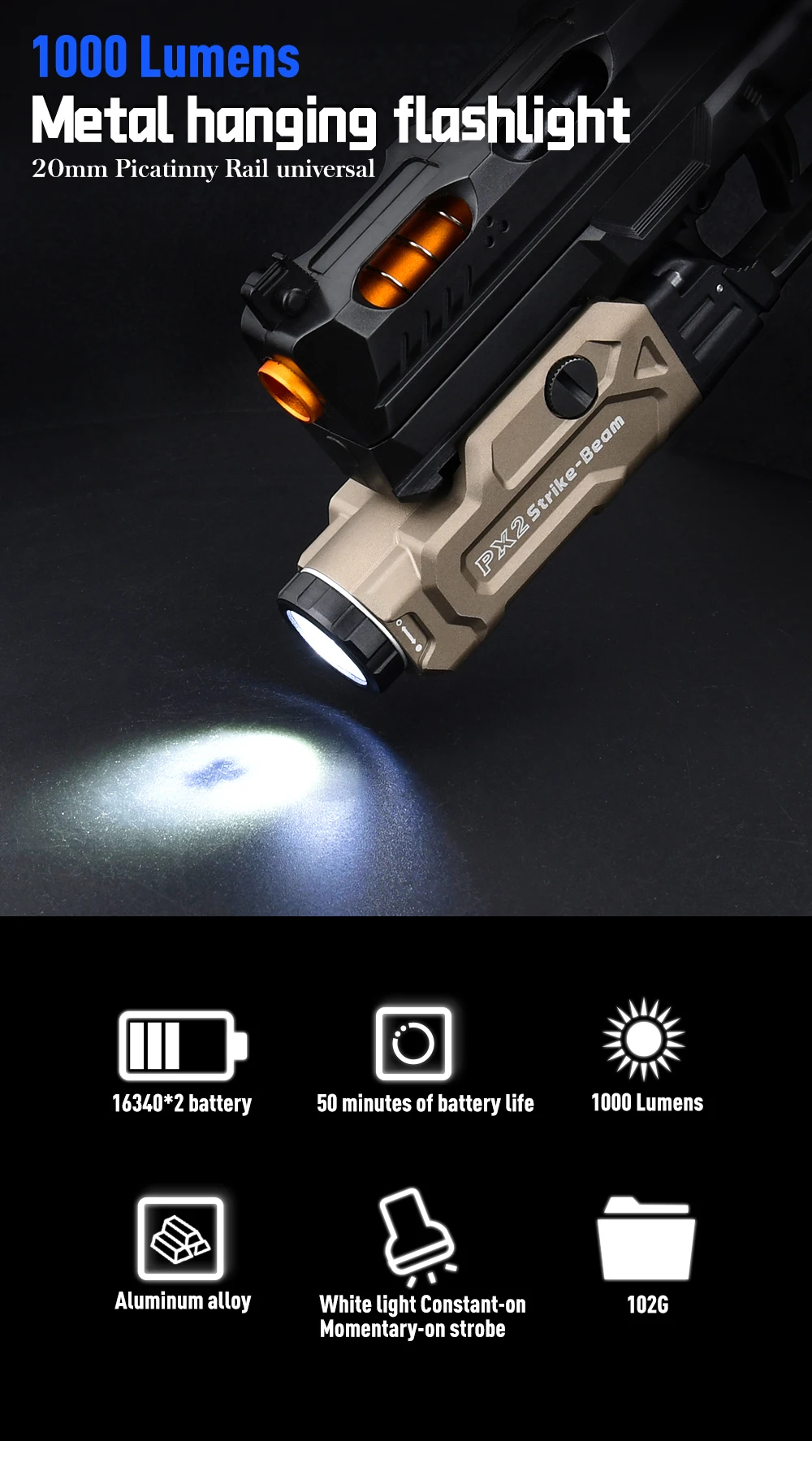Linterna táctica con LED blanco y acabado metálico