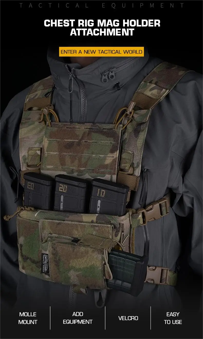 Vista frontal del soporte táctico Mag en camuflaje negro