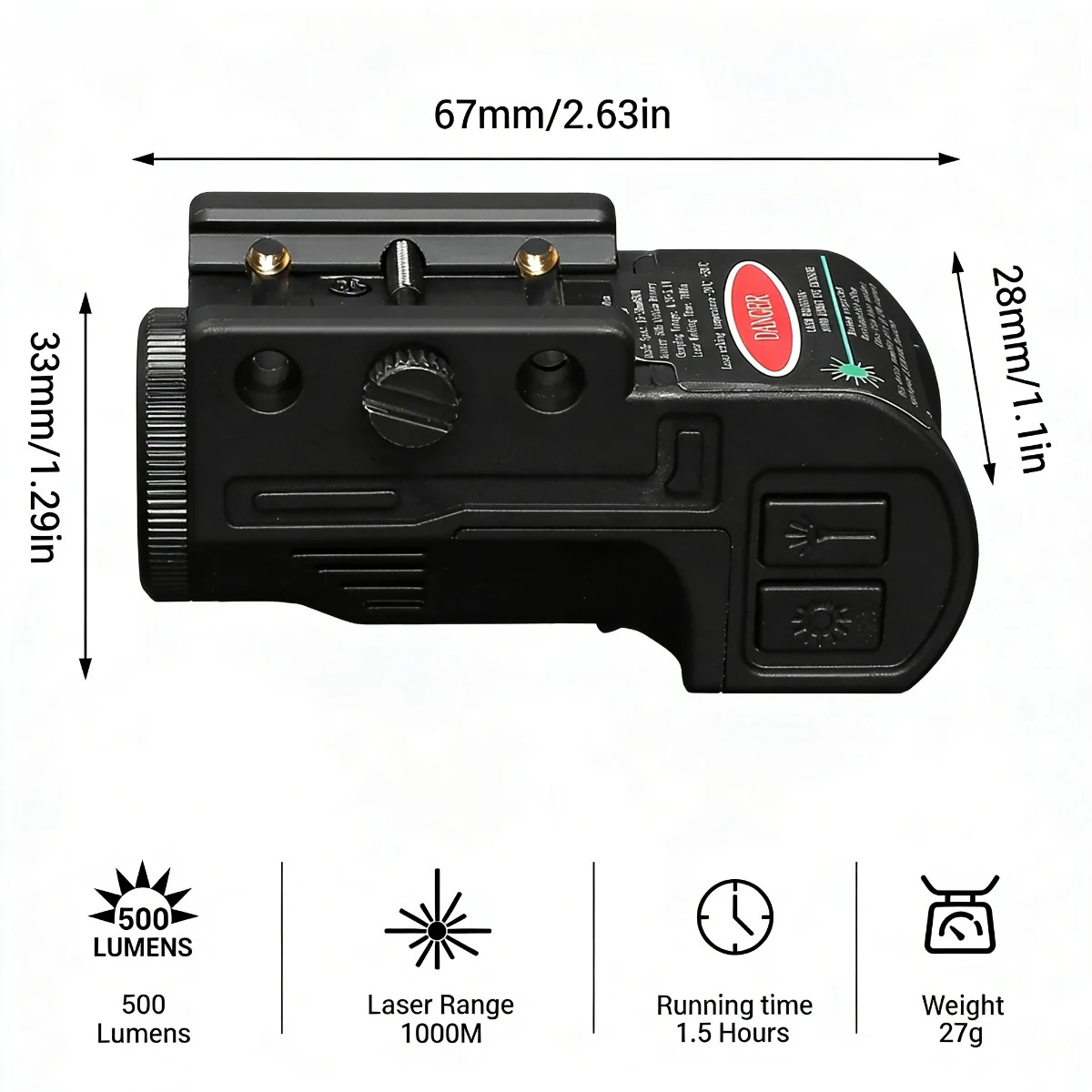 Linterna táctica recargable con láser y soporte Picatinny 20 mm - imagen 5