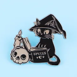 Pin de solapa esmalte gato brujo negro calavera y vela Halloween