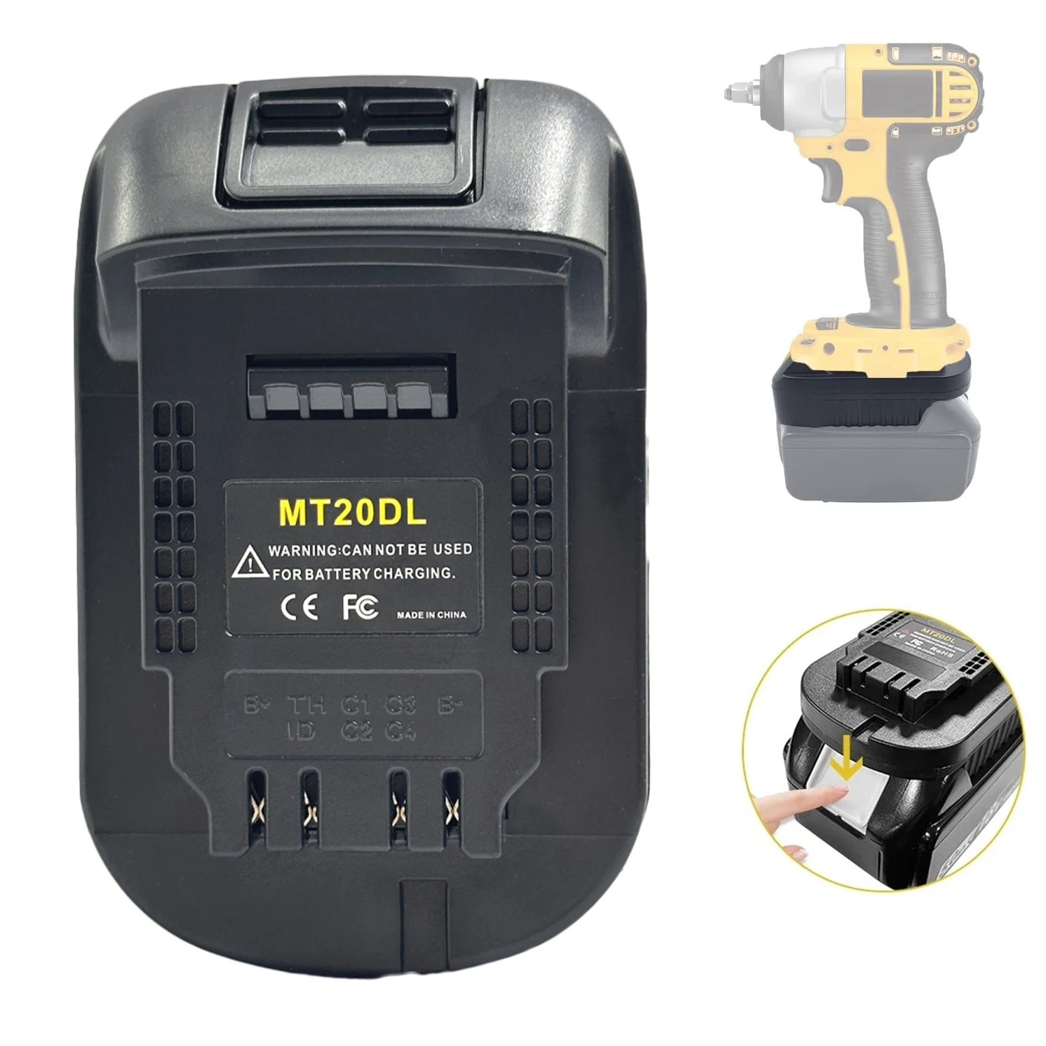 Vista frontal del adaptador MT20DL montado sobre una batería Makita