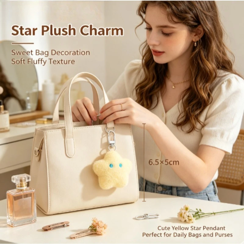 Llavero táctico de peluche estrella y luna crema para mochila - imagen 5