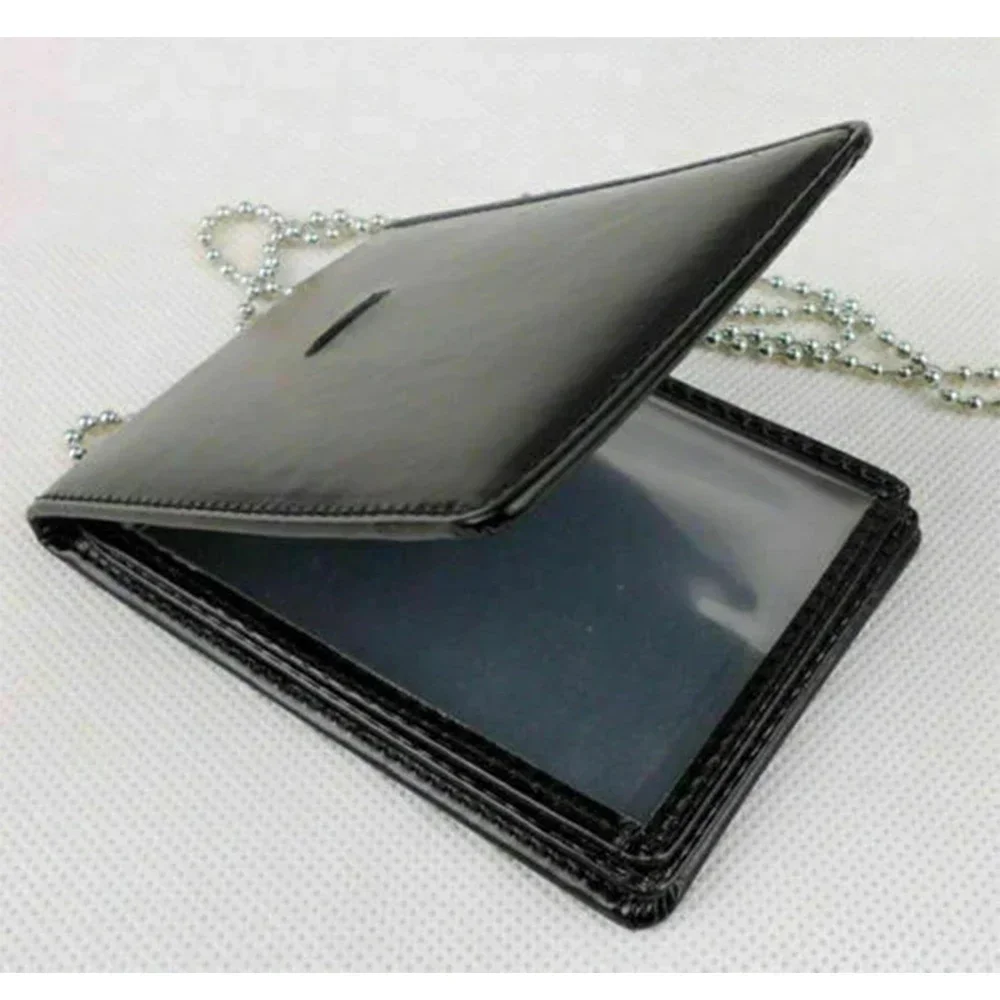 Cartera táctica de cuero negro para credenciales con cadena al cuello
