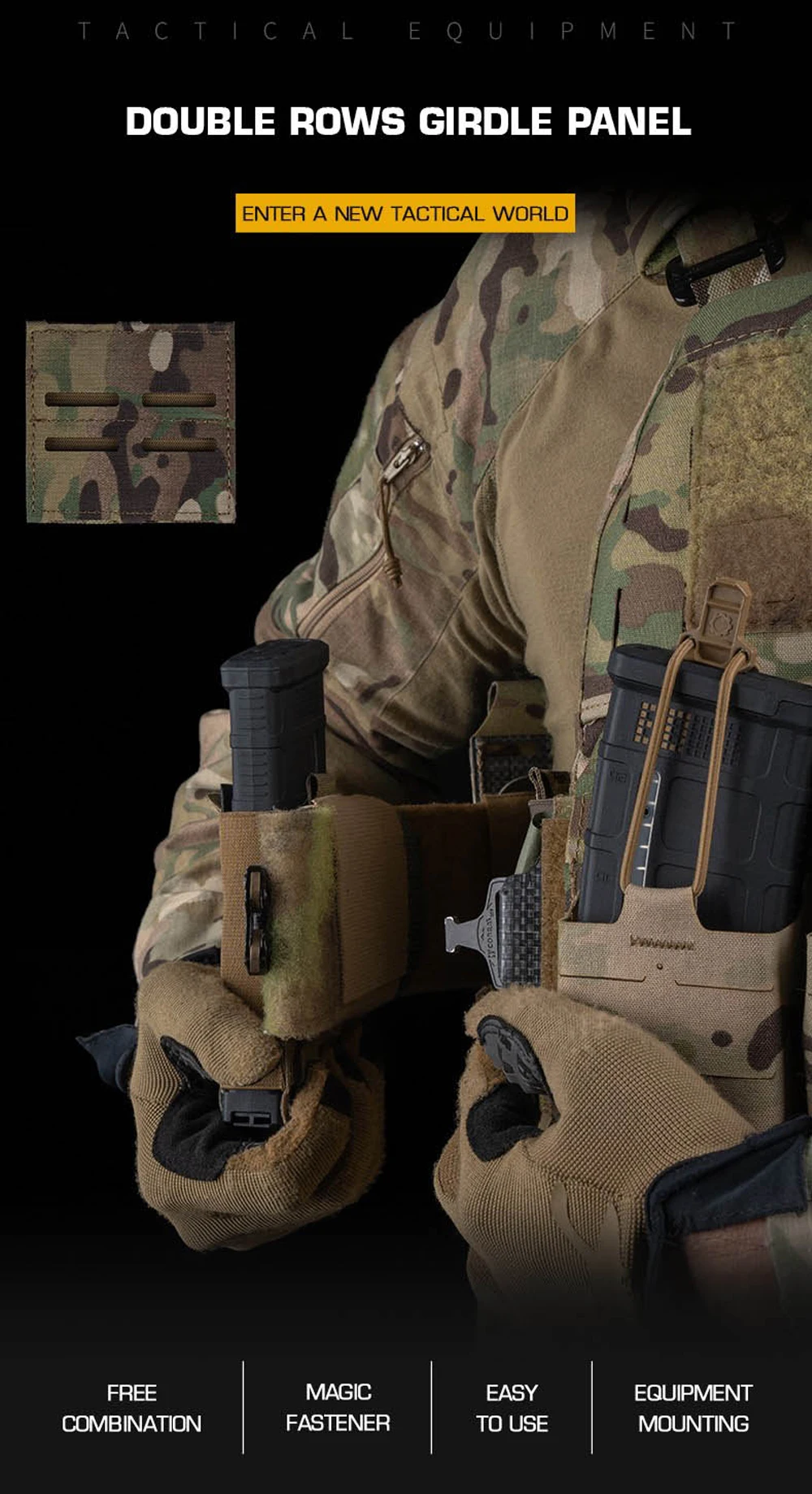 Panel táctico KOLINLOV en negro mate montado sobre chaleco Molle