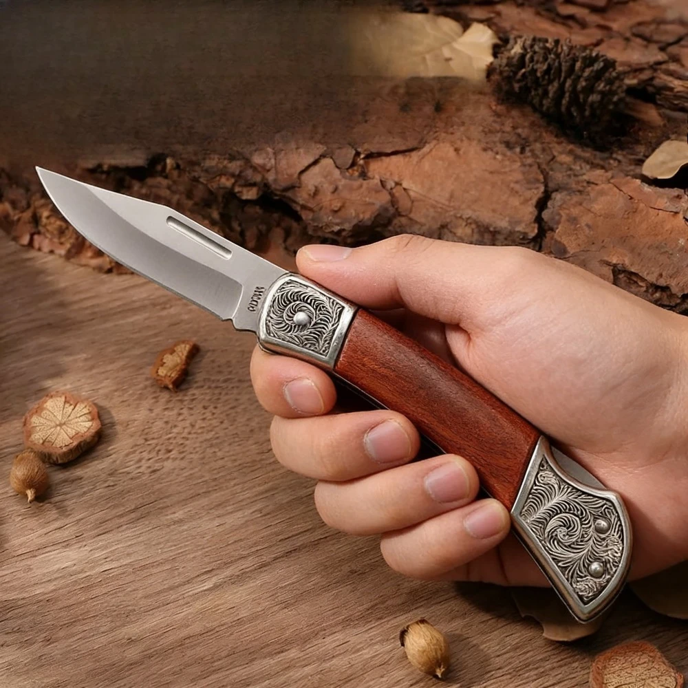 Navaja plegable acero inoxidable alta dureza mango madera para acampada