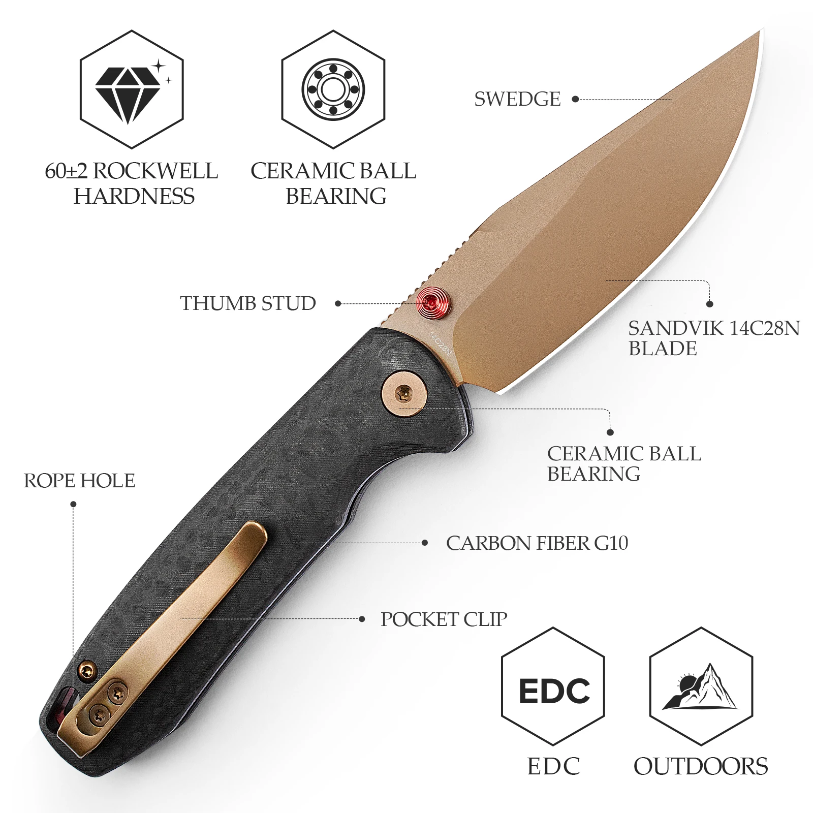 TRIVISA Cuchillo plegable de bolsillo EDC acero 14C28N, mango G10 - imagen 3