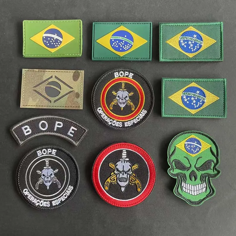 Parche bordado táctico BOPE con bandera de Brasil – mochila y uniforme