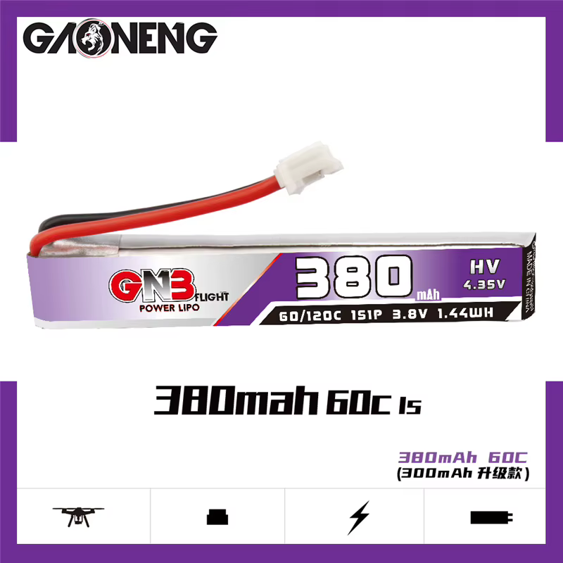 GNB Bateria LiPo 1S 380mAh HV 60C/120C 3,8V FPV para drone RC compacto - imagen 3