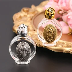 Botella de agua bendita con cruz religiosa y virgen escultórica