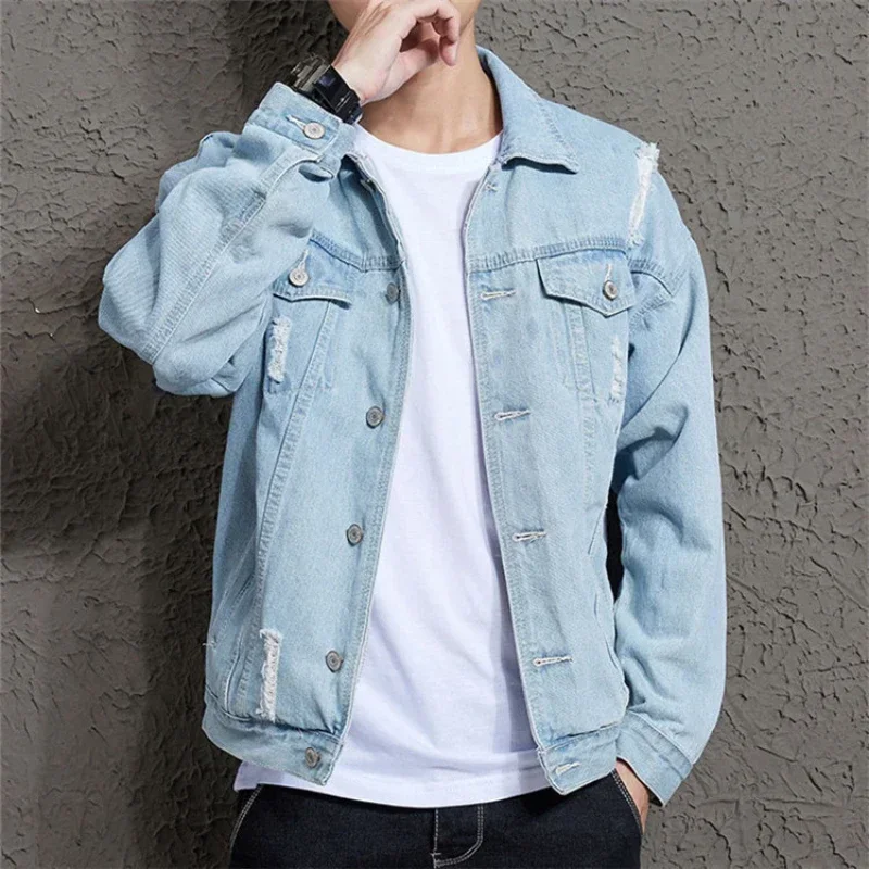 Chaqueta outdoor denim trabajo hombre estilo moderno con agujeros - imagen 3