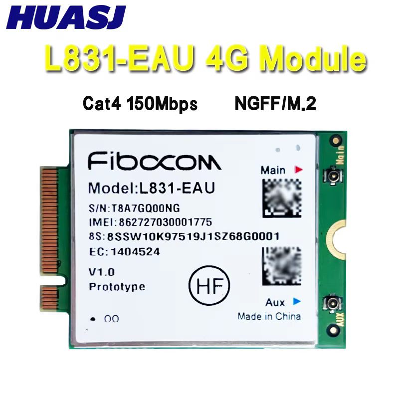 Vista frontal del módulo L831-EAU mostrando el conector M.2 y los componentes