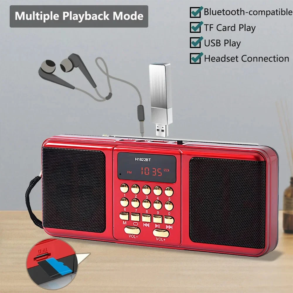 Radio FM estéreo recargable de sobremesa con LED, MP3, USB y TF