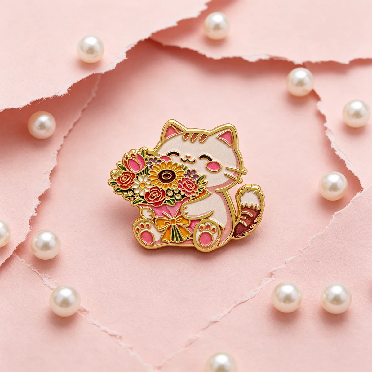 Pin esmaltado de gato y flor para mochila y sombrero