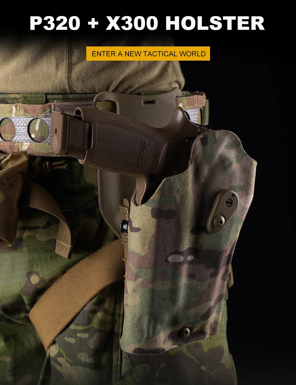 Vista frontal de la funda negra mate con pistola insertada