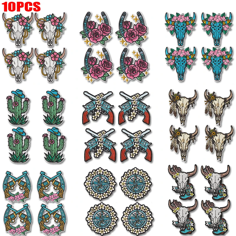 Parches termoadhesivos bordados estilo Oeste toro, pistola, rosa y flor - imagen 3