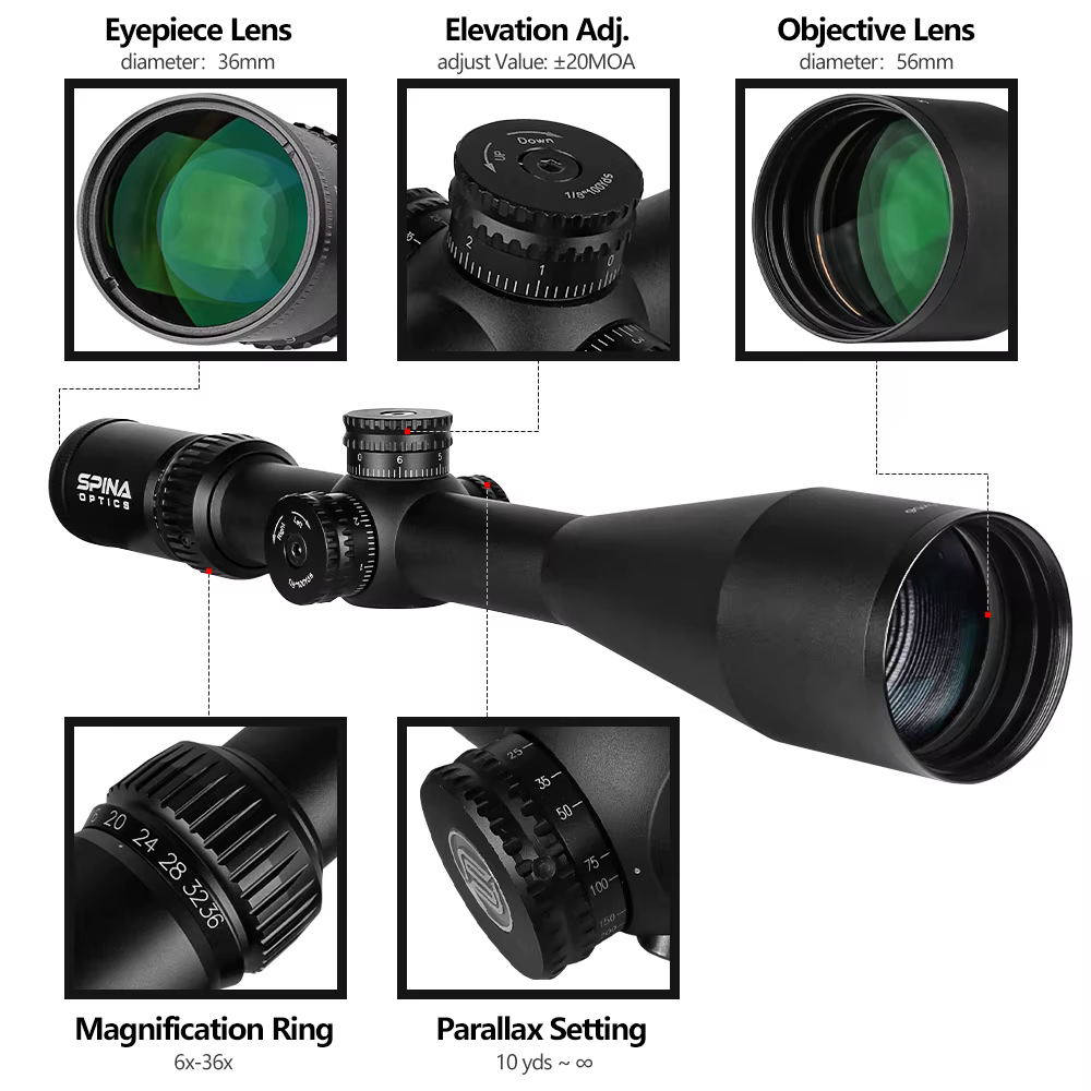Spina Optics 6-36x56 SF – Mira táctica Mil-dot con torreta lateral - imagen 5