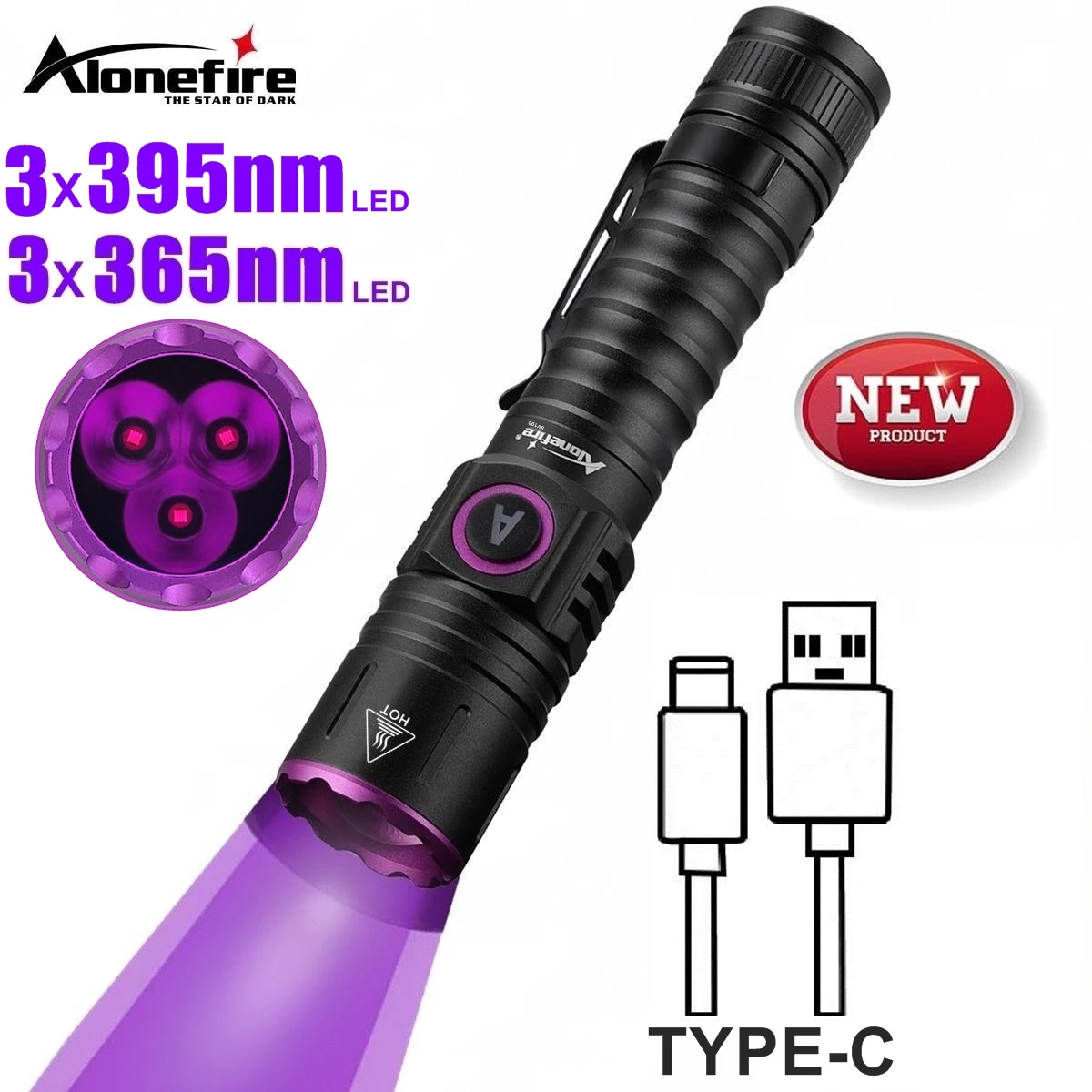 Linterna UV táctica 15W recargable USB doble longitud de onda
