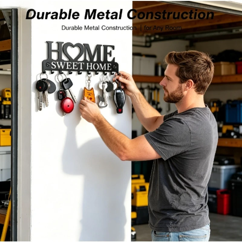 Porta llaves metal negro montable en pared con ganchos - imagen 4