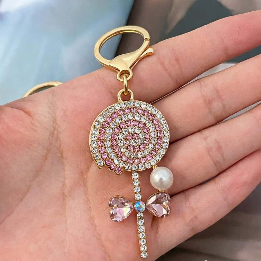 Llavero piruleta dorado diamantes imitación - Colgante bolso mujer