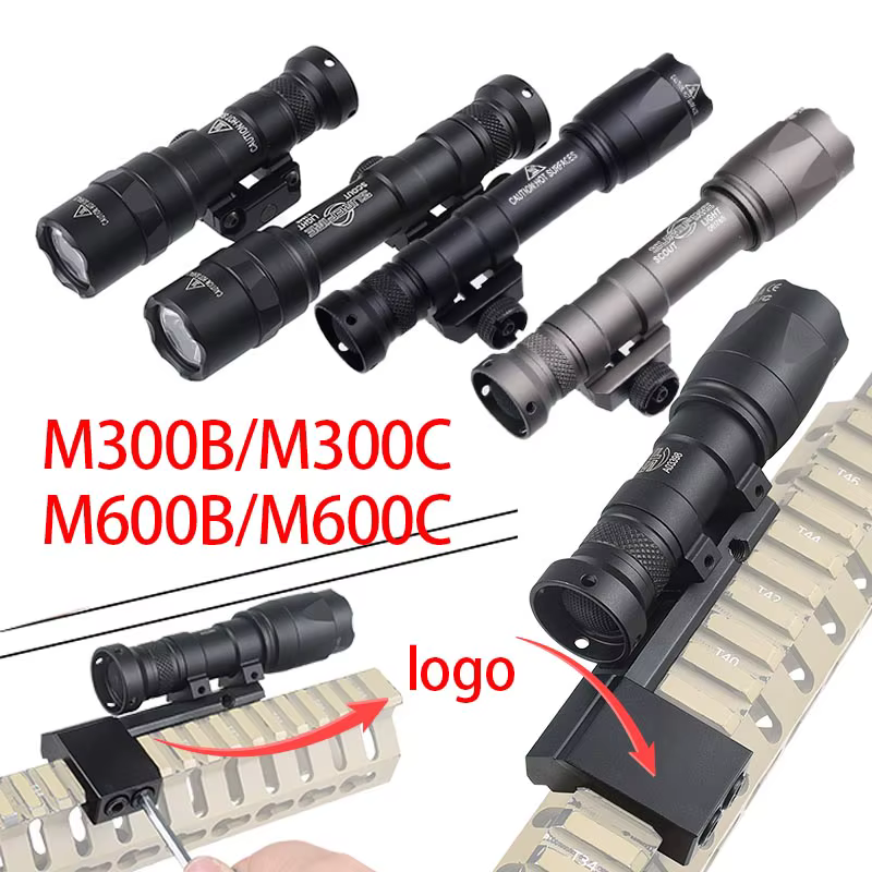 Vista frontal de la linterna Surefire montada en riel Picatinny