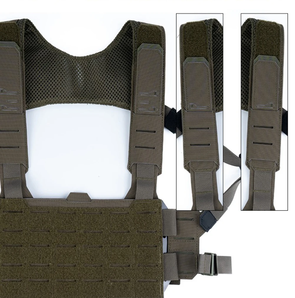 Detalle de costuras y MOLLE en chaleco táctico
