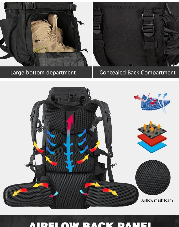 Vista lateral con correas MOLLE y bolsillo de malla