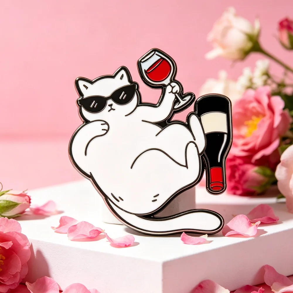 Insignias de esmalte gatito blanco bebiendo vino para bolsos y ropa - imagen 4